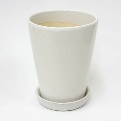 ホワイト陶器鉢 丸形 10.5cm+陶器製の鉢皿（＋鉢底石+鉢底ネットサービス）