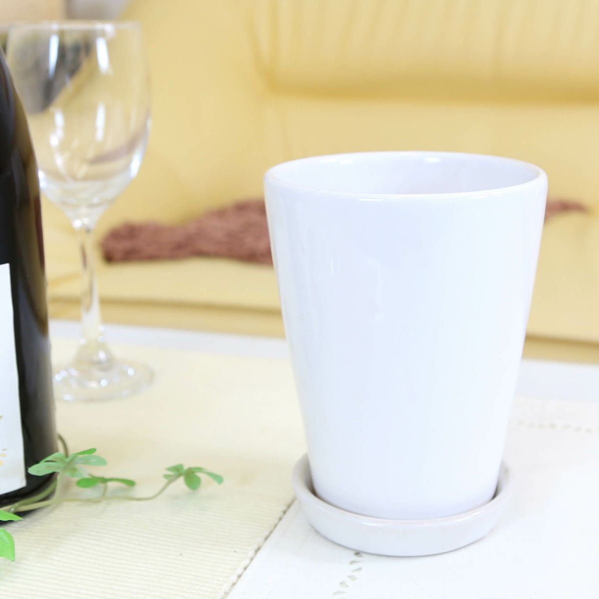 ホワイト陶器鉢 丸形 10.5cm+陶器製の鉢皿