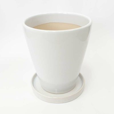 ホワイト陶器鉢 丸形 12cm+陶器製の鉢皿（＋鉢底石+鉢底ネットサービス）