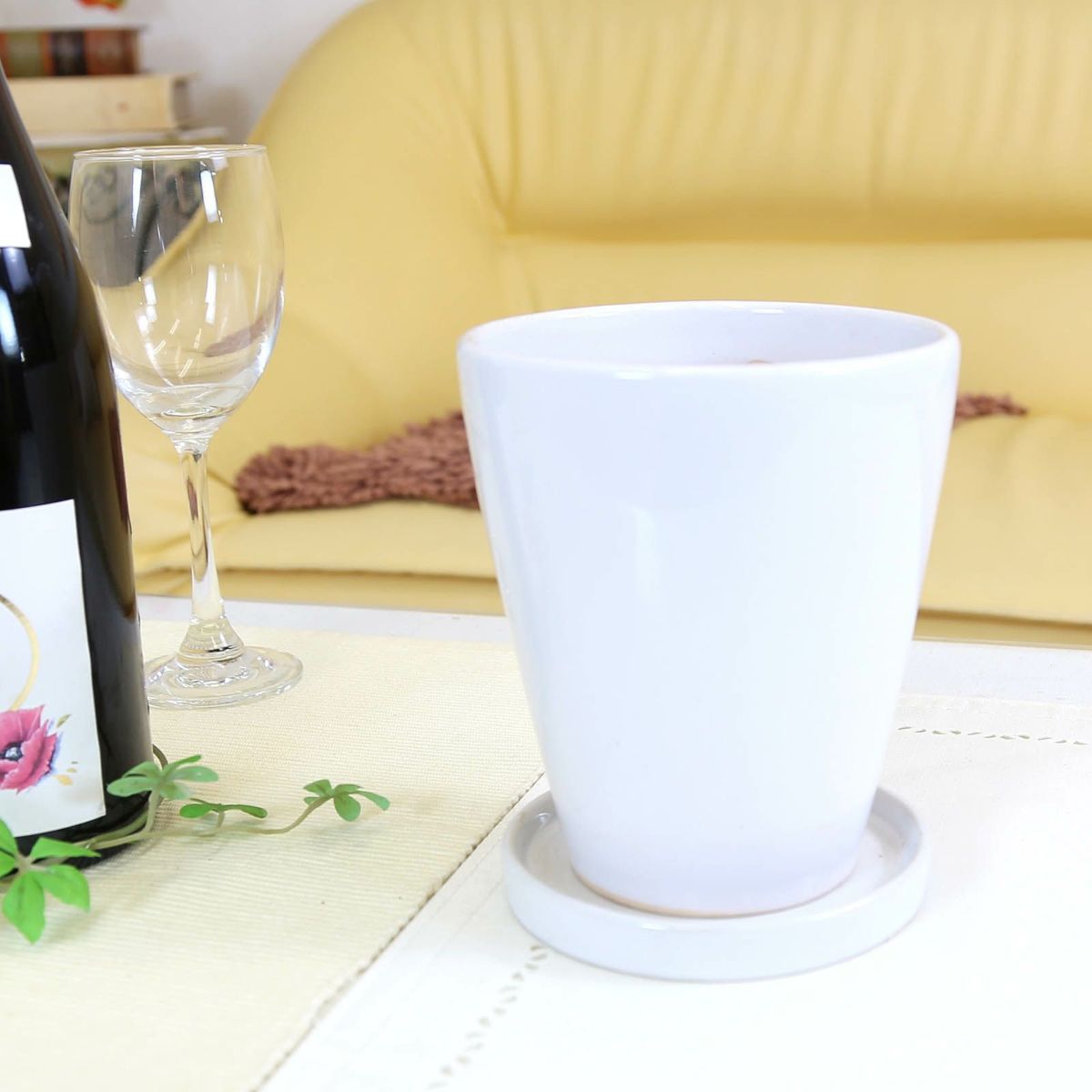 ホワイト陶器鉢 丸形 12cm+陶器製の鉢皿