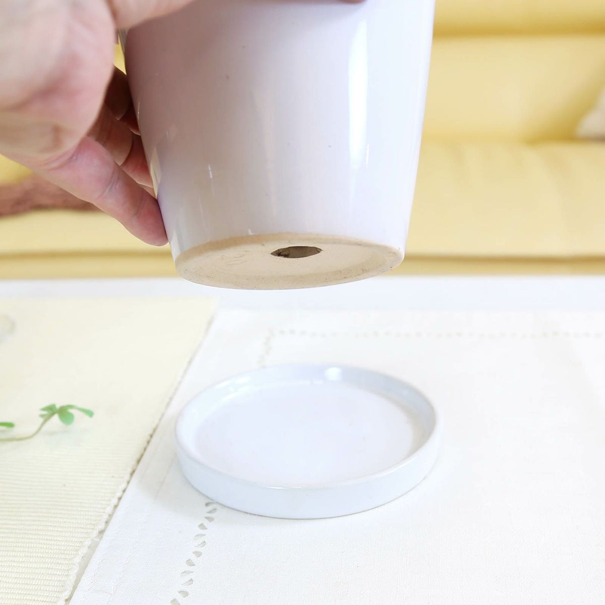 ホワイト陶器鉢 丸形 12cm+陶器製の鉢皿