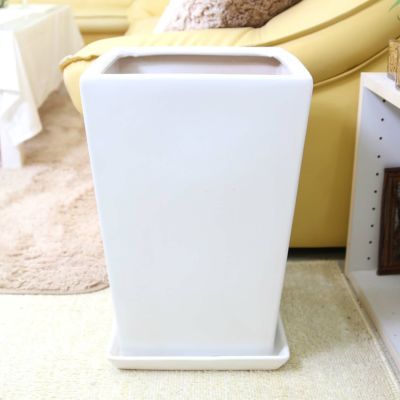 ホワイトスクエア陶器鉢（ストレート） Ｌ 10号用＋陶器鉢皿のセット（＋鉢底石+鉢底ネットサービス）