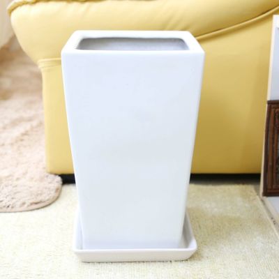 ホワイトスクエア陶器鉢（ストレート） Ｍ 8号用＋陶器鉢皿のセット（＋鉢底石+鉢底ネットサービス）