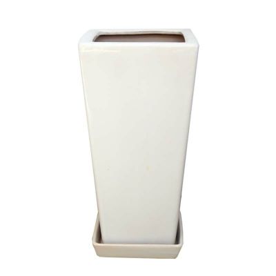 ホワイトスクエア陶器鉢（セミロング）Ｓサイズ 7号＋陶器鉢皿セット （＋鉢底石+鉢底ネットサービス）