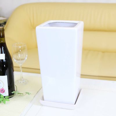 ホワイトスクエア陶器鉢（ストレート） Sサイズ 6号＋陶器鉢皿のセット（＋鉢底石+鉢底ネットサービス）