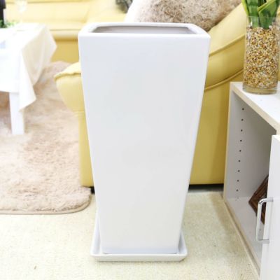 【送料無料】ホワイトスクエア陶器鉢 10号 Zタイプ+陶器製 鉢皿のセット（＋鉢底石+鉢底ネットサービス）