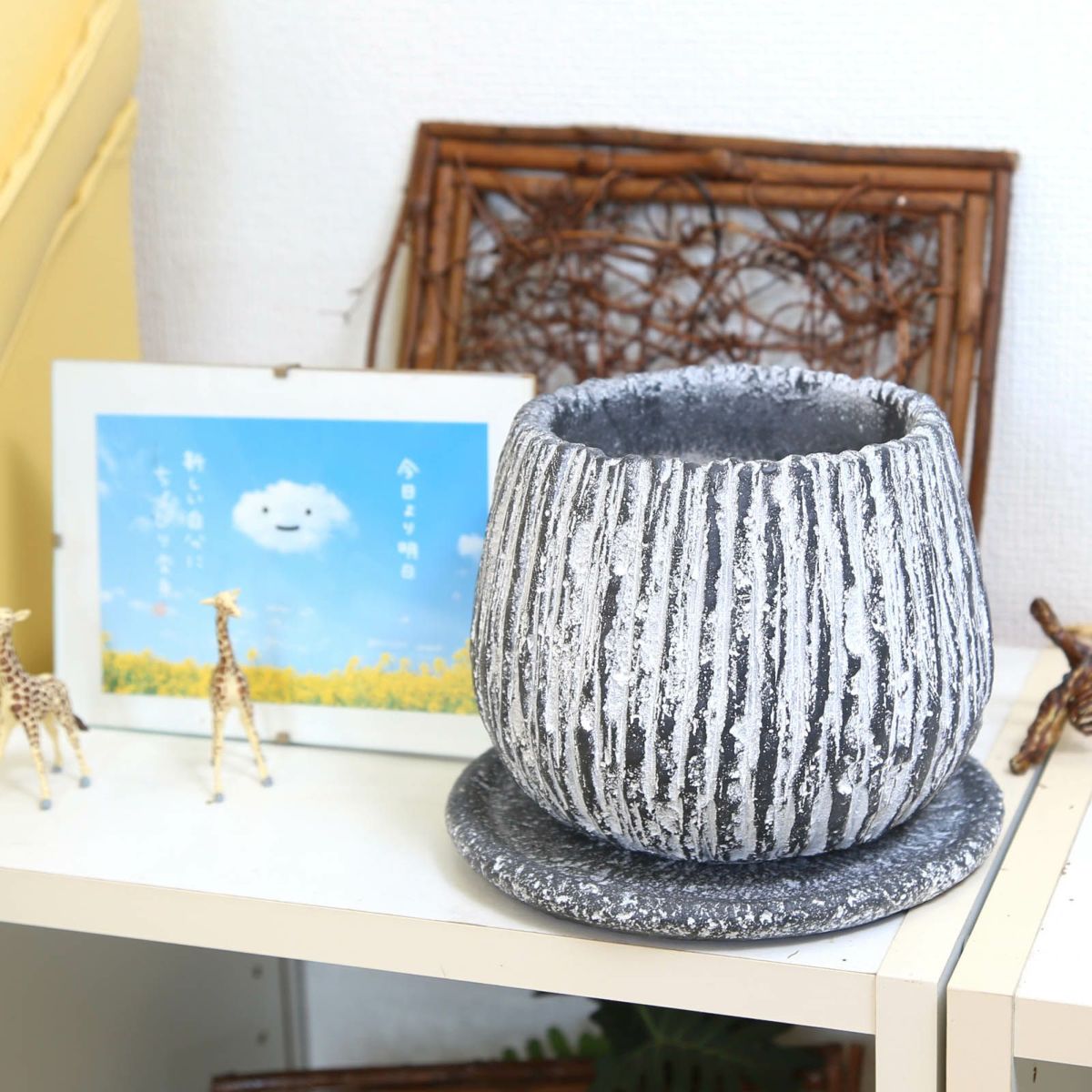 ブラックグレー・セメント鉢 丸形しずく